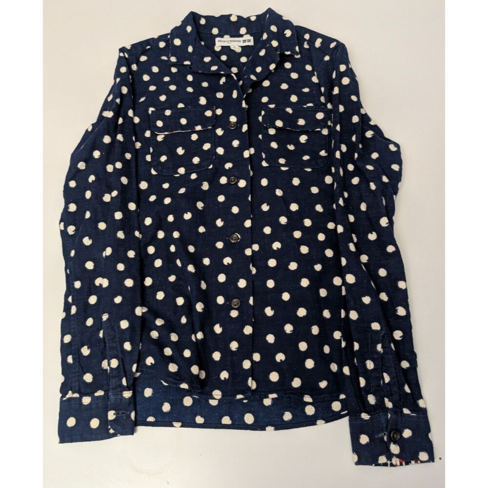 UNIQLO Ines De La Fressange Navy Cream Polka Dot Cotton Flannel Shirt Top XS